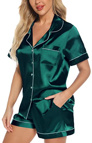 Womens Silk Satin Short Pajamas Set Classic Sleepwear Loungewear Dark Green M