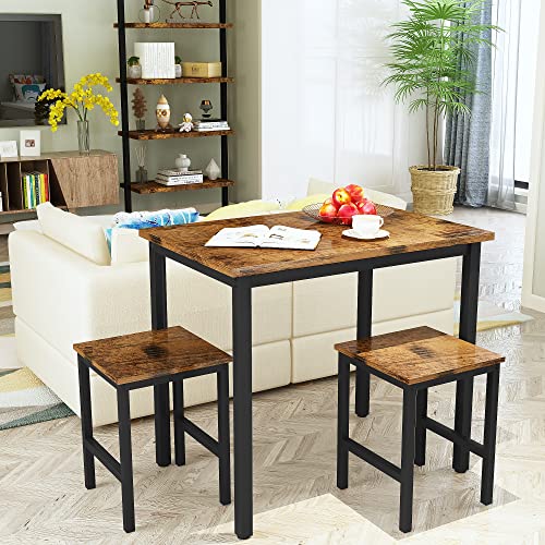 Recaceik 3 Piece Dining Table Set, Modern Bar Table Set w/ 2 Stools Kitchen Table Set for 2 Compact Design Kitchen Bar Table and Chairs for Dining Room, Living Room, Apartment, Small Space (Brown)
