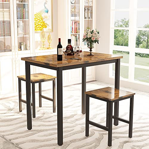 Recaceik 3 Piece Dining Table Set, Modern Bar Table Set w/ 2 Stools Kitchen Table Set for 2 Compact Design Kitchen Bar Table and Chairs for Dining Room, Living Room, Apartment, Small Space (Brown)