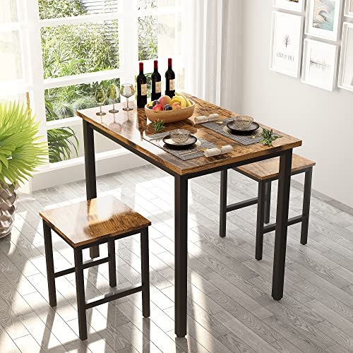 Recaceik 3 Piece Dining Table Set, Modern Bar Table Set w/ 2 Stools Kitchen Table Set for 2 Compact Design Kitchen Bar Table and Chairs for Dining Room, Living Room, Apartment, Small Space (Brown)