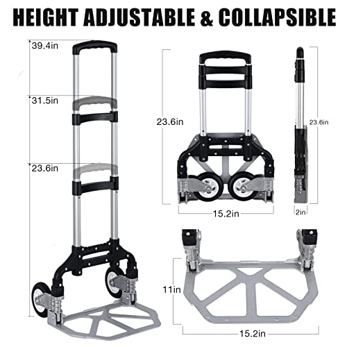 Folding Hand Truck Portable Foldable Dolly Cart Aluminum Dolly Cart Trolley Cart Black MAX Load 180 lbs, with Black Bungee Cord, Telescoping Handle,Solid Aluminium Wheel suspensions, Double Bearings