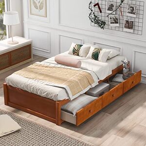 twin size bed with 3 storage drawers, solid wooden twin platform bed with support slats, twin bed frame for kids teens, no box spring needed (twin, oak)
