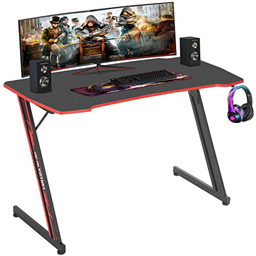 BestOffice 35"/39"/47" Computer Desk Z Shaped Workstation Ergonomic Table with Headphone Hook for Game Players (Red, 47 in)