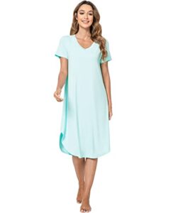 qualfort womens bamboo nightgown short sleeve sleepwear v neck loungewear side slit soft nighdress aqua green medium