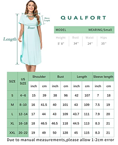 QUALFORT Womens Bamboo Nightgown Short Sleeve Sleepwear V Neck Loungewear Side Slit Soft Nighdress Aqua Green Medium