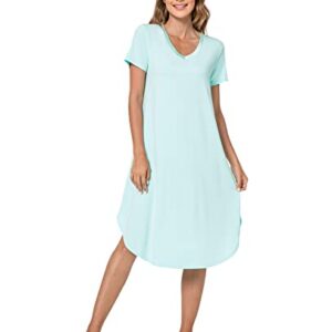 QUALFORT Womens Bamboo Nightgown Short Sleeve Sleepwear V Neck Loungewear Side Slit Soft Nighdress Aqua Green Medium