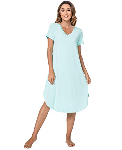 QUALFORT Womens Bamboo Nightgown Short Sleeve Sleepwear V Neck Loungewear Side Slit Soft Nighdress Aqua Green Medium