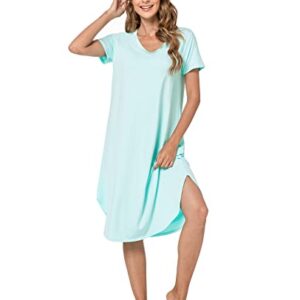 QUALFORT Womens Bamboo Nightgown Short Sleeve Sleepwear V Neck Loungewear Side Slit Soft Nighdress Aqua Green Medium