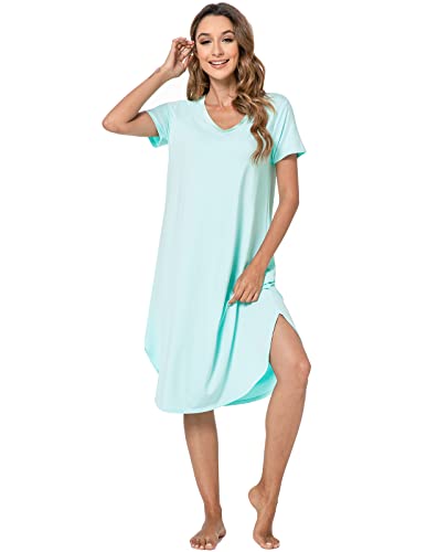 QUALFORT Womens Bamboo Nightgown Short Sleeve Sleepwear V Neck Loungewear Side Slit Soft Nighdress Aqua Green Medium