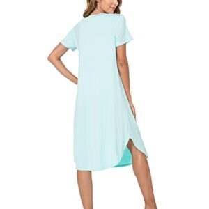 QUALFORT Womens Bamboo Nightgown Short Sleeve Sleepwear V Neck Loungewear Side Slit Soft Nighdress Aqua Green Medium