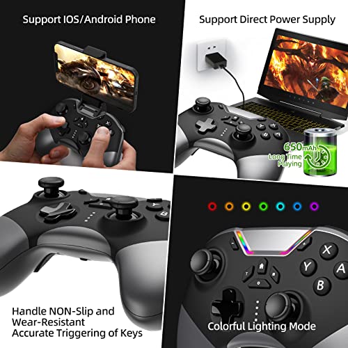 Bluetooth Controller for Switch/PC/iPhone/Android/Apple Arcade MFi Games/TV/Steam, Pro Wireless Game Controller with Phone Clip with Newly Launched Lock Joystick Speed Function/6-Axis Gyro/Dual Motor