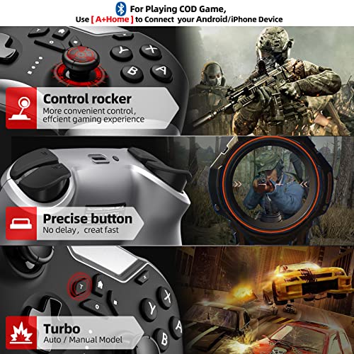 Bluetooth Controller for Switch/PC/iPhone/Android/Apple Arcade MFi Games/TV/Steam, Pro Wireless Game Controller with Phone Clip with Newly Launched Lock Joystick Speed Function/6-Axis Gyro/Dual Motor