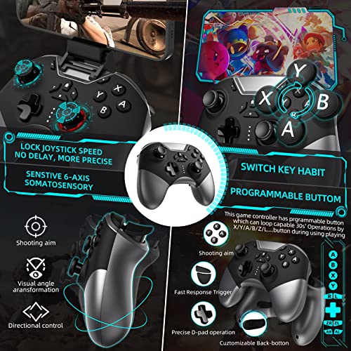 Bluetooth Controller for Switch/PC/iPhone/Android/Apple Arcade MFi Games/TV/Steam, Pro Wireless Game Controller with Phone Clip with Newly Launched Lock Joystick Speed Function/6-Axis Gyro/Dual Motor