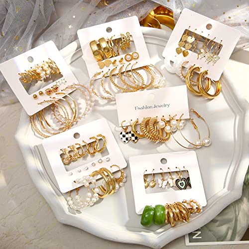 44 Pairs Gold Hoop Earrings Set for Women Multipack, Fashion Dangle Heart Statement Pearl Earrings Pack, Hypoallergenic Chunky Hoops Jewelry for Birthday Party Gift