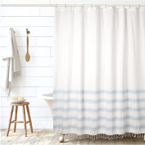 Folkulture Boho Shower Curtain Blue, 72 inch Shower Curtains for Bathroom with Tassels for Bathroom Décor, Water Repellent, Recycled Cotton, (Dusty Blue)