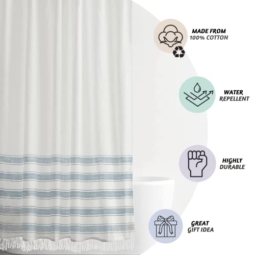 Folkulture Boho Shower Curtain Blue, 72 inch Shower Curtains for Bathroom with Tassels for Bathroom Décor, Water Repellent, Recycled Cotton, (Dusty Blue)