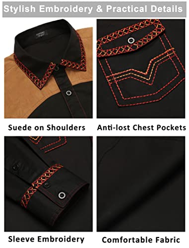 COOFANDY Mens Shirt Western Cowboy Embroidered Long Sleeve Slim Fit Casual Cotton Button Down Hippie with Pockets, Black, Large, Long Sleeve