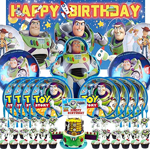 FNTOO Buzz Lightyear Party Supplies Plates Favors Decorations Backdrop Decor Banner Birthday Cake Topper, N02660