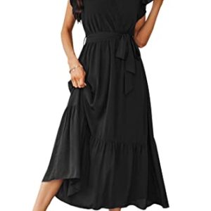 PRETTYGARDEN Women's 2023 Floral Boho Dress Wrap V Neck Short Sleeve Belted Ruffle Hem A-Line Flowy Maxi Dresses (Solid Black,Large)