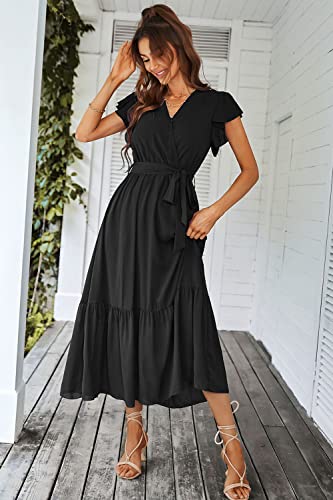 PRETTYGARDEN Women's 2023 Floral Boho Dress Wrap V Neck Short Sleeve Belted Ruffle Hem A-Line Flowy Maxi Dresses (Solid Black,Large)