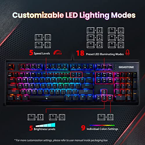 Gigastone Mechanical Keyboard, RGB Gaming Brown Switch, LED Rainbow Backlit Wired Gaming Keyboard, Precise Tactile Feedback, Full Anti-Ghosting, Full Size 104 Keys, Black GK-12