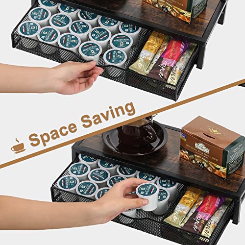 TQVAI Coffee Pods Drawer with Mug Hooks, 50 Capacity Coffee Pod Holder, Coffee Station Organizer for K Cups, Tea Bags, Espresso Capsule Coffee Creamer, Black/Archaize