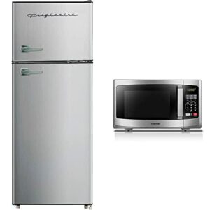 frigidaire efr751, 2 door apartment size refrigerator with freezer, 7.2 cu ft, platinum series, stainless steel, 7.5 & toshiba em925a5a-ss microwave oven, 0.9 cu. ft/900w, stainless steel