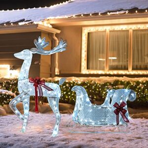 hourleey lighted christmas decorations outdoor, pre-lit 3d santa sleigh reindeer with 100 led cool white light, plug in waterproof christmas deer decorations for outdoor yard lawn garden party