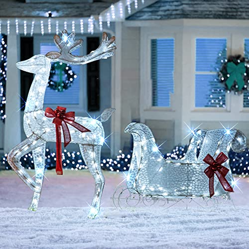 Hourleey Lighted Christmas Decorations Outdoor, Pre-Lit 3D Santa Sleigh Reindeer with 100 LED Cool White Light, Plug in Waterproof Christmas Deer Decorations for Outdoor Yard Lawn Garden Party