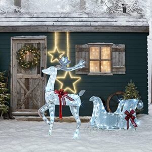 Hourleey Lighted Christmas Decorations Outdoor, Pre-Lit 3D Santa Sleigh Reindeer with 100 LED Cool White Light, Plug in Waterproof Christmas Deer Decorations for Outdoor Yard Lawn Garden Party
