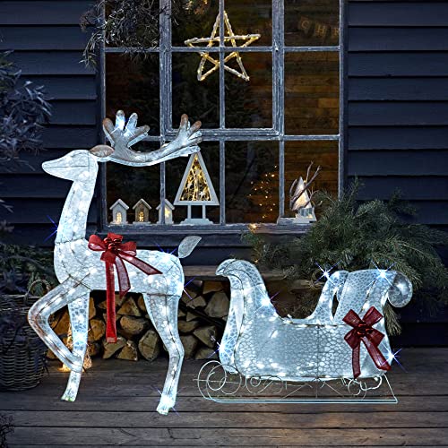 Hourleey Lighted Christmas Decorations Outdoor, Pre-Lit 3D Santa Sleigh Reindeer with 100 LED Cool White Light, Plug in Waterproof Christmas Deer Decorations for Outdoor Yard Lawn Garden Party