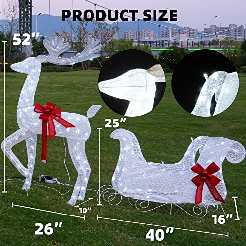 Hourleey Lighted Christmas Decorations Outdoor, Pre-Lit 3D Santa Sleigh Reindeer with 100 LED Cool White Light, Plug in Waterproof Christmas Deer Decorations for Outdoor Yard Lawn Garden Party