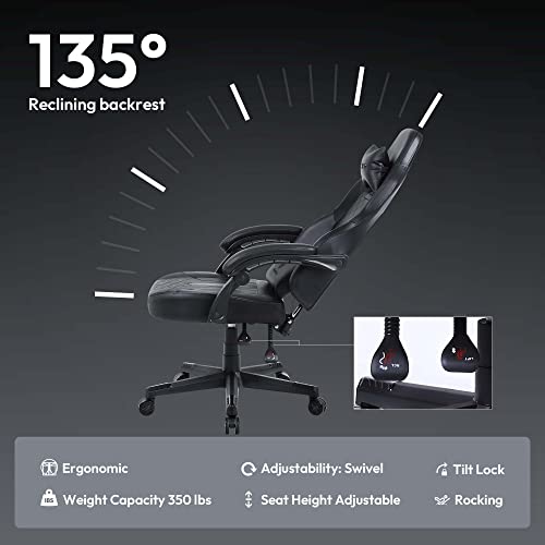 Dowinx Gaming Chair with Pocket Spring Cushion, Ergonomic Computer Chair High Back, Reclining Massage Game Chair Pu Leather 350LBS, Black