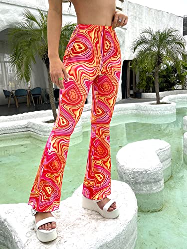 WDIRARA Women's Floral Print Elastic Waist Flare Leg Pants Stretchy Casual Long Pants Multicolour Marble M