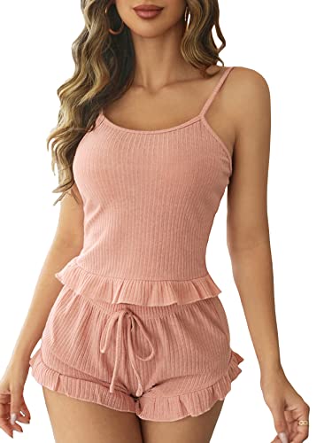 SOLY HUX Women's 2 Piece Sleeveless Crop Tank Top and Fluffy Teddy Shorts Lounge Pajama Set Sleepwear Coral Pink