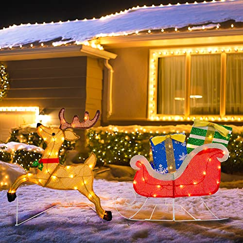 Hourleey Christmas Outdoor Decorations Yard, Pre-Lit Lighted 2D Santa Sleigh Reindeer with 50 Count Warm White Light, Waterproof Outdoor Christmas Deer Decorations for Yard Patio Lawn Garden Party