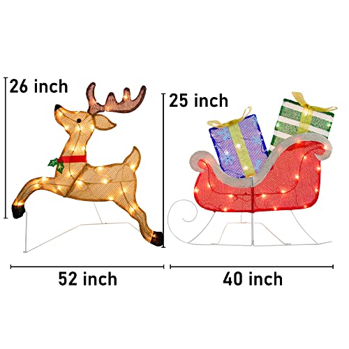 Hourleey Christmas Outdoor Decorations Yard, Pre-Lit Lighted 2D Santa Sleigh Reindeer with 50 Count Warm White Light, Waterproof Outdoor Christmas Deer Decorations for Yard Patio Lawn Garden Party