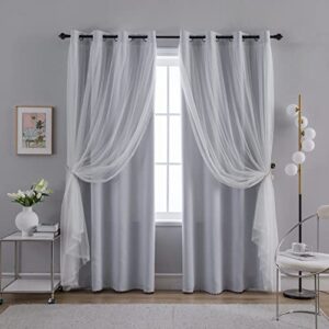 anytime home curtains blackout and sheer layered solid window curtain panel pair with grommet top, 52wx63l,greyish white