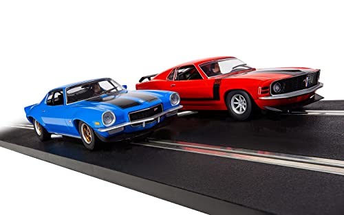 Scalextric American Street Duel 1970's Camaro vs. Mustang 1:32 Slot Car Race Track Set C1429T, Blue & Red