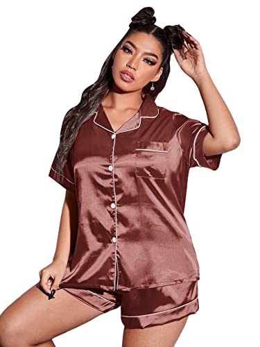 WDIRARA Women's Plus Sleepwear Short Sleeve Shirt and Shorts Pajama Set Rust Brown 4XL