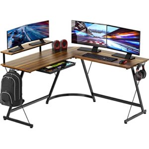 shw vista l-shape desk with monitor stand, walnut