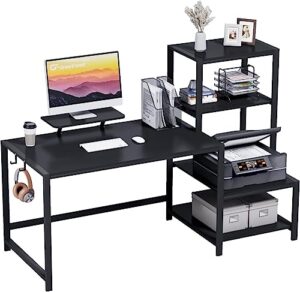 greenforest computer desk 59 inch with storage printer shelf reversible home office desk with movable monitor stand and 2 headphone hooks for study writing pc gaming working, black