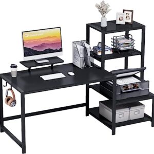 GreenForest Computer Desk 59 inch with Storage Printer Shelf Reversible Home Office Desk with Movable Monitor Stand and 2 Headphone Hooks for Study Writing PC Gaming Working, Black