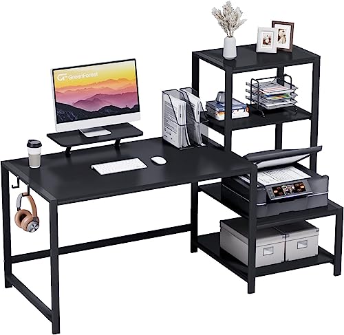 GreenForest Computer Desk 59 inch with Storage Printer Shelf Reversible Home Office Desk with Movable Monitor Stand and 2 Headphone Hooks for Study Writing PC Gaming Working, Black