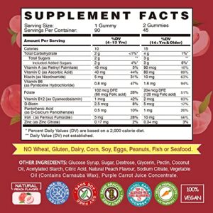 Vegan Iron Gummies Supplement - with Vitamin C, A, B-Complex, Folate, Zinc for Adults & Kids - Blood Builder & Energy Support for Iron Deficiency, Anemia, No After Taste - Peach Flavor (90 Ct)