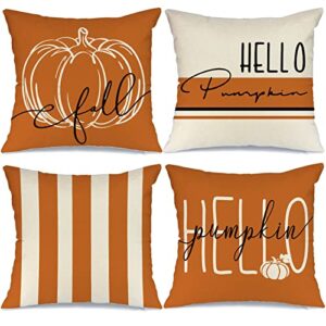 geeory fall decor pillow covers 18x18 set of 4 hello pumpkin orange stripes fall outdoor stripes fall pillows decorative throw pillows farmhouse orange thanksgiving cushion case for couch sofa