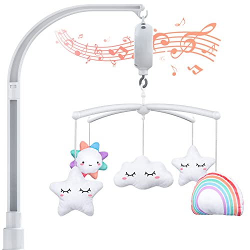 FEISIKE Baby Crib Mobile with 3 Modes Musical Box,Volume Control,12 Lullabies,Nursery Crib Toys for Newborn Ages 0 and Older,23 Inches Baby Mobile Arm and 5 Pcs Hanging Toys