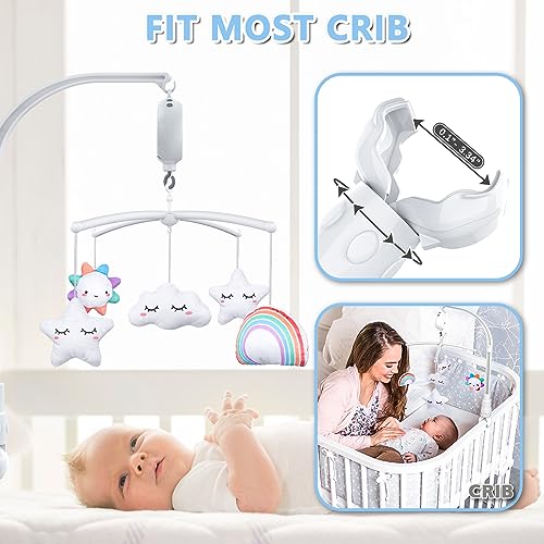 FEISIKE Baby Crib Mobile with 3 Modes Musical Box,Volume Control,12 Lullabies,Nursery Crib Toys for Newborn Ages 0 and Older,23 Inches Baby Mobile Arm and 5 Pcs Hanging Toys