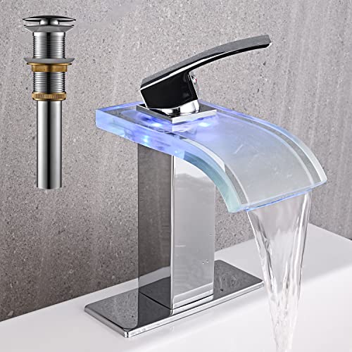 AVSIILE LED Bathroom Sink Faucet, Chrome Waterfall Single Hole Handle RV Bath Vanity Faucets for Sinks 1 Hole with Metal Pop Up Drain and 2 Water Supply Lines, Wide Glass Spout