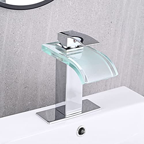 AVSIILE LED Bathroom Sink Faucet, Chrome Waterfall Single Hole Handle RV Bath Vanity Faucets for Sinks 1 Hole with Metal Pop Up Drain and 2 Water Supply Lines, Wide Glass Spout